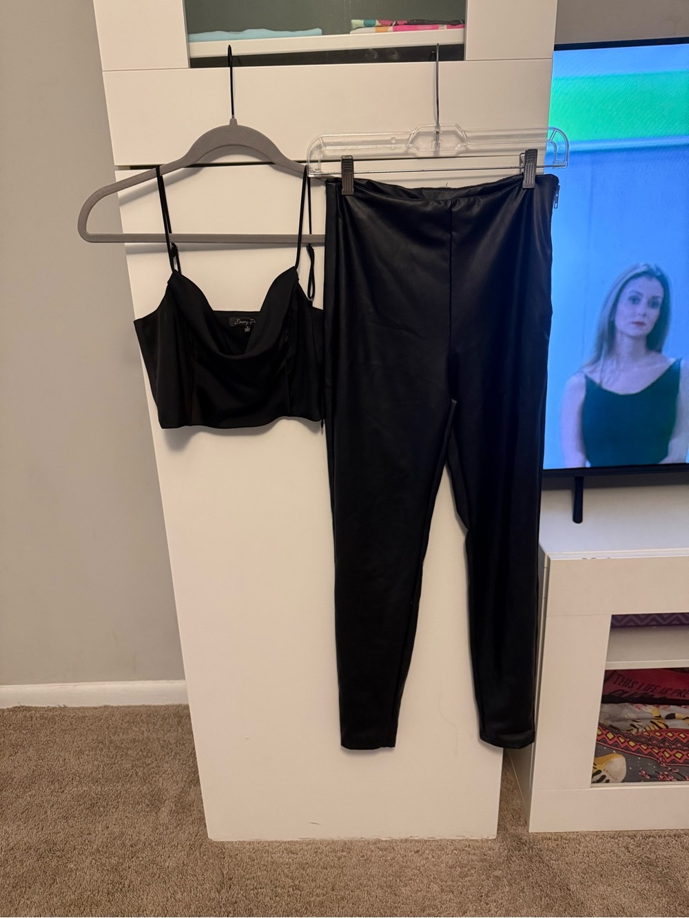 Black Faux Leather High-Waist Leggings with Cropped Cowl Tank